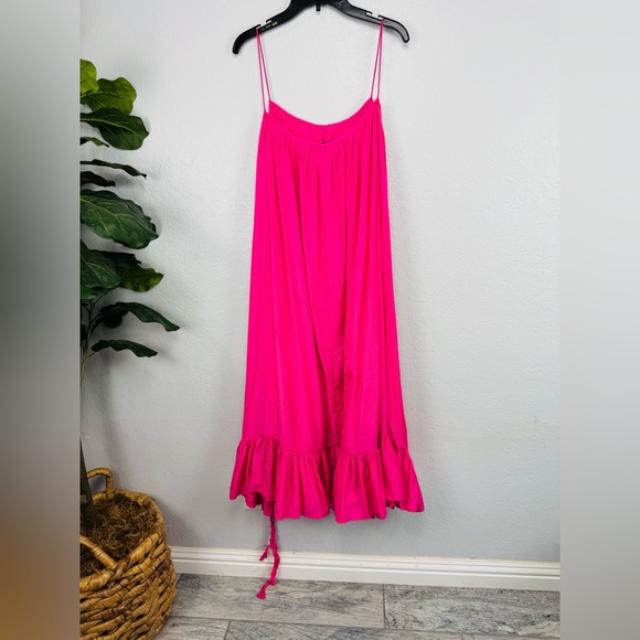 Jolie Bright Fuchsia Pink Scoop Neck Tassel Belt Tiered Midi Dress - Picture 3 of 11